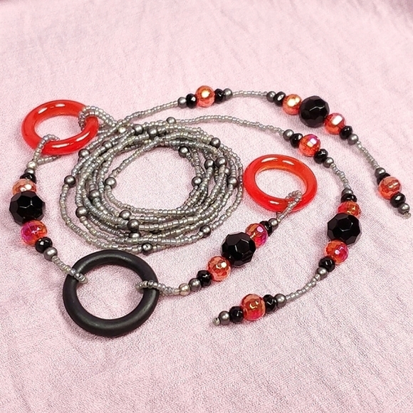 Beaded Lariat Necklace Red and Gray Beaded Choker Necklace Beaded Long Necklace - Picture 8 of 10